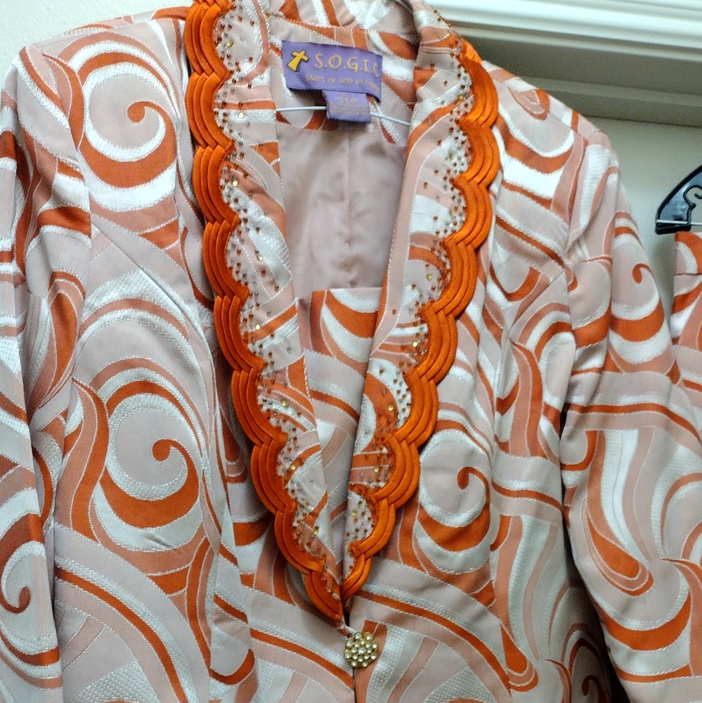 Suit By S.O.G.I.C 2 Piece Coral (Orange) and White Dress Suit (Jacket & Skirt)